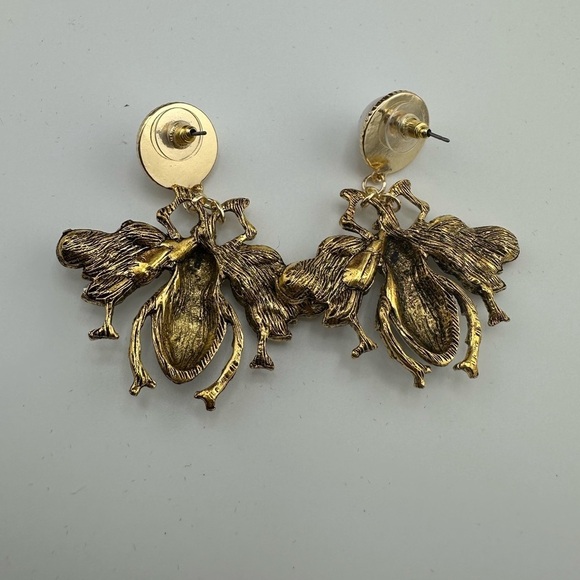 Vintage Honeybee Elegant Gold White Crystal Pearl Bee Earrings - Picture 7 of 11